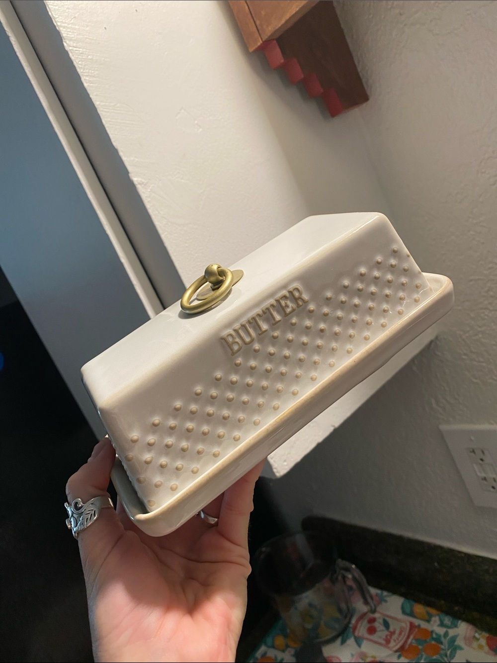 Threshold Cream Ceramic Butter Dish with Gold Ring Handle